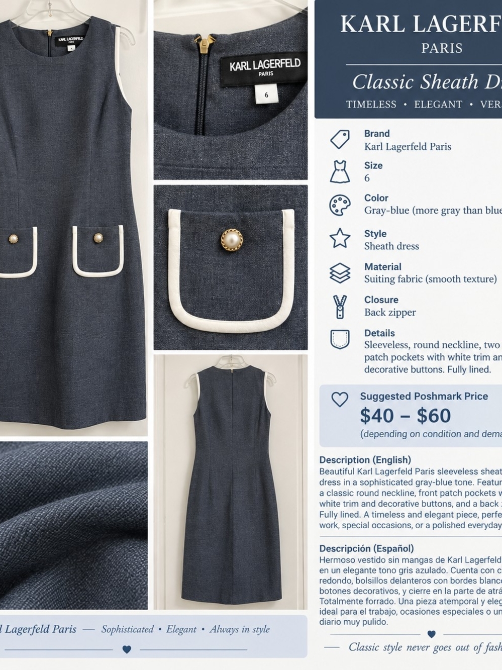 Karl Lagerfeld Gray-Blue Sleeveless Sheath Dress with White Trim